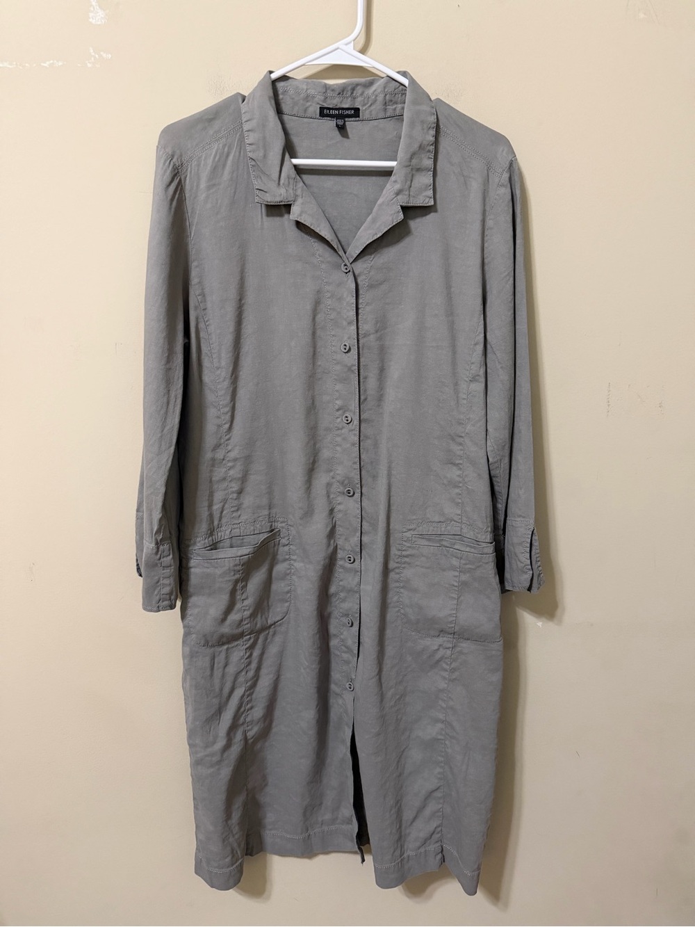 Eileen Fisher Gray Button-Front utility linen Long Shirt Dress large structured